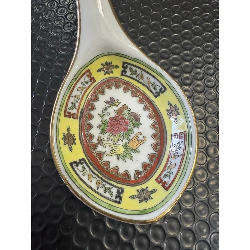 Chinese Porcelain Spoon‎ Rest Famille Rose Style Floral Design Gold Trim 10